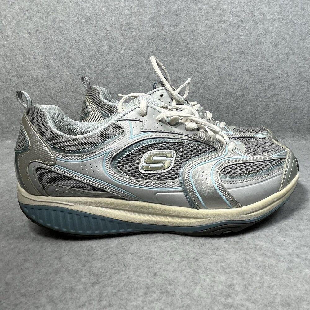 Skechers Shape Ups Sneakers Walking Shoes Womens 9.5 Gray Silver Leather‎ READ